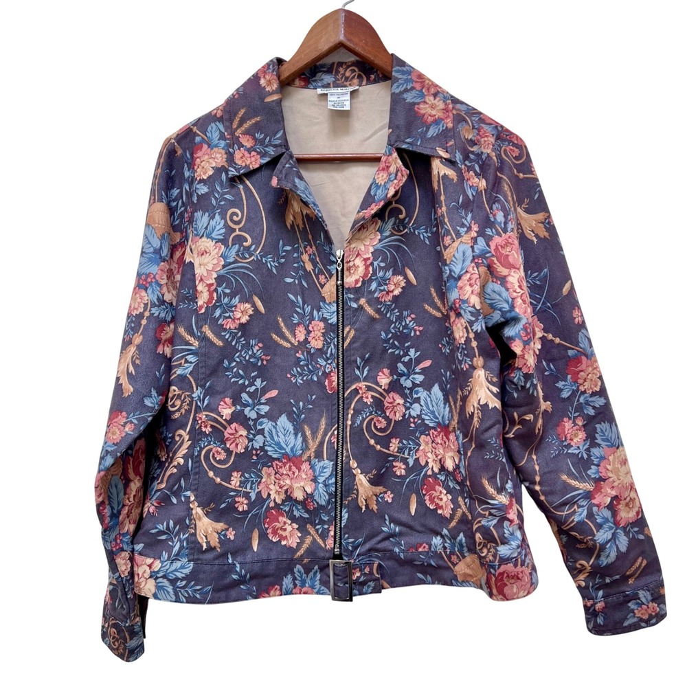 Rebecca Malone Floral Faux Suede Zip‎ Up Jacket Womens Med Cottagecore Gray Pink